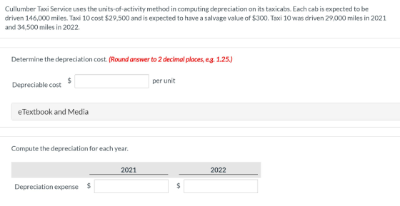 Cullumber Taxi Service uses the units-of-activity method in computing depreciation on its taxicabs. Each cab is expected to b
