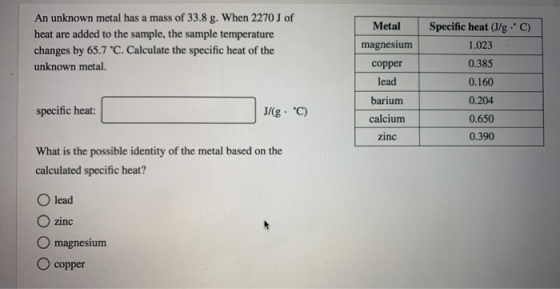 An unknown metal has a mass of 33.8 g. When 2270 J of heat are added to the sample, the sample temperature changes by 65.7 °C