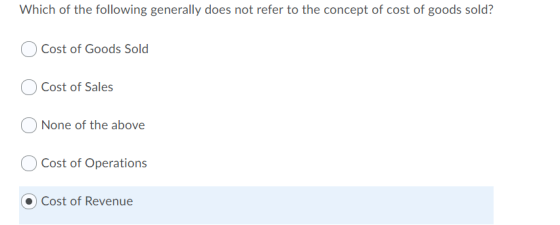 Which of the following generally does not refer to the concept of cost of goods sold? Cost of Goods Sold O Cost of Sales None