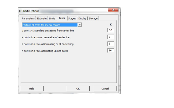 C Chart: Options Parameters Estimate Limits Tests Stages Display Storage Perform all tests for special causes 1 point > K sta