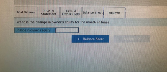 Trial Balance Income Statement Stmt of Owners Eqty Balance Sheet Analyze What is the change in owners equity for the month o