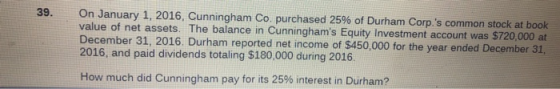 On January 1, 2016, Cunningham Co, purchased 25% of Durham Corp.s common stock at book value of net assets. The balance in C