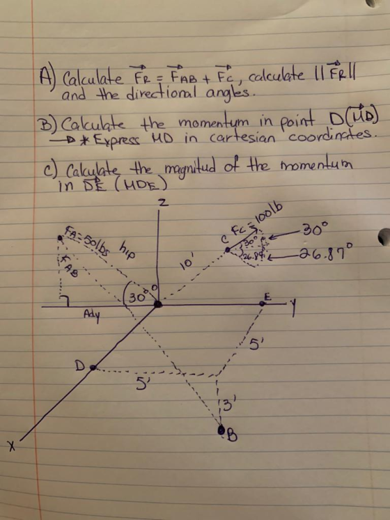 A) Calculate FR = FAB + Fc, calculate II Fall and the directional angles. B) Calculate the momentum in point D (Mb) D* Expres