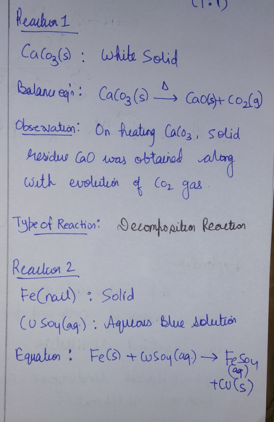Reabor 1 Calog(s) : White Solid Balance egn: Caloz(3) Cadet CO2(g) Observation. On heating Caloz, solid residue CaO was obtai