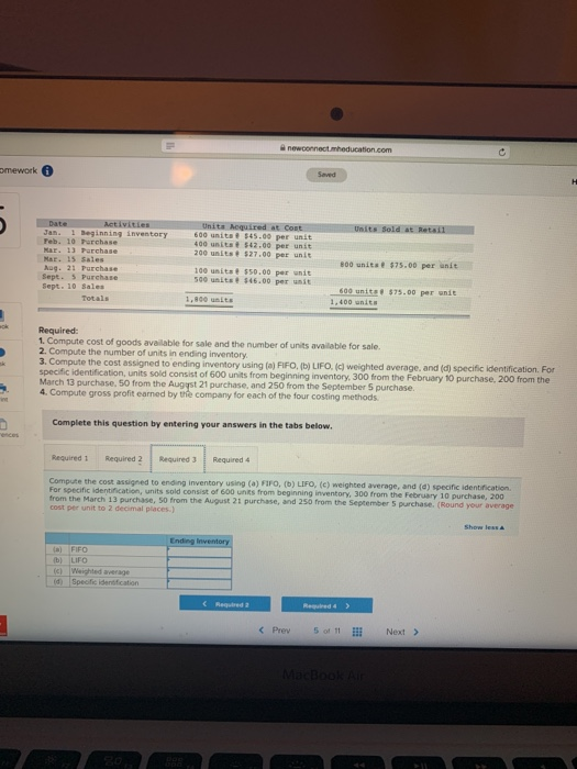 new connecteducation.com mework Saved Uits sold at Retail Jan. 1 Beginning inventory Units Required at Cost 590 units $45.00