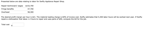 Presented below are data relating to labor for Swifty Appliance Repair Shop. Repair-technicians wages $153,700 Fringe benefi