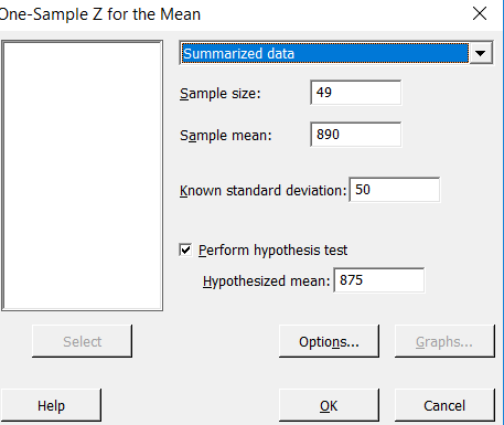 One-Sample Z for the Mean Summarized data 49 Sample size: Sample mean: 890 Known standard deviation: 50 vPerform hypothesis t