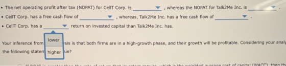 . The net operating profit after tax (NOPAT) for CellT Corp. is , whereas the NOPAT for Talk2Me Inc. is . CellT Corp. has a f