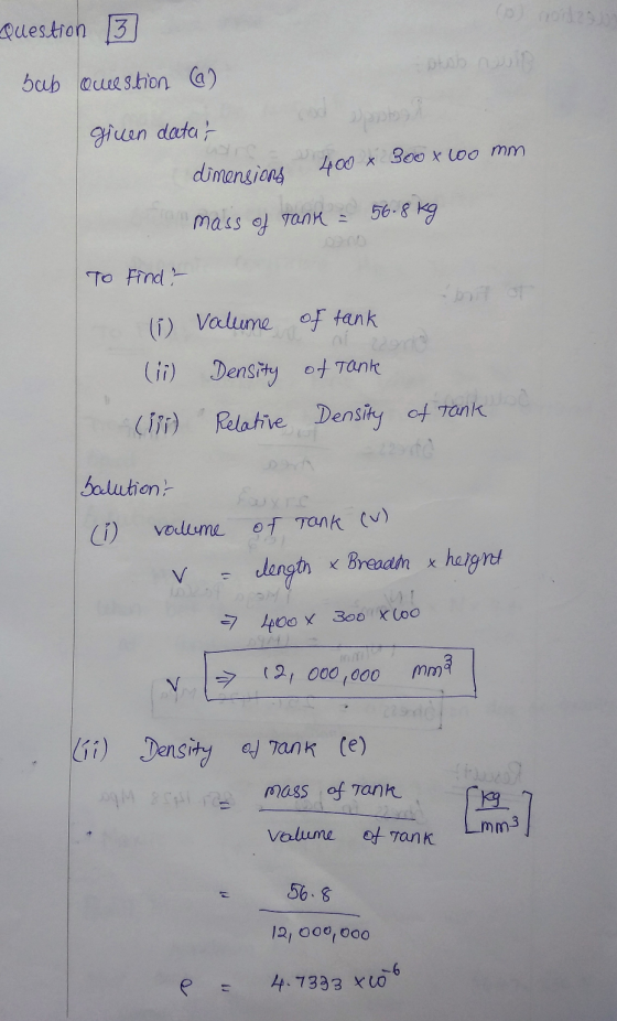 (ods Question 3 tubul bab Question (a) poby gruen data src dimensions 400 x 300 x 100 mm mass of Tank = 56.8 kg To Find - bol