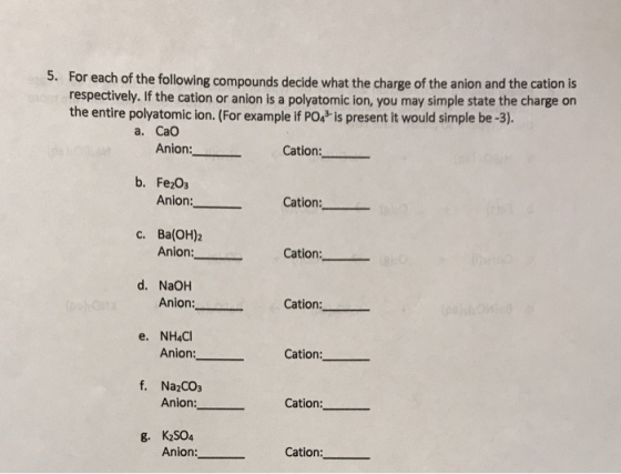 For each of the following compounds decide what the charge of the anion and the cation is respectively. If the cation or anion is a polyatomic ion, you may simple state the charge on the entire polyatomic ion. (For example if PO. is present it would simple be-3). 5. a. CaO Anion: Cation: b. Fe2O Anion:_ Cation: c. Ba(OH);2 Anion: cation: d. NaOH Anion: Cation: e. NH4CI Anion: Cation: f. Na2COs Anion: Cation: g. K2SO4 Anion: Cation:_