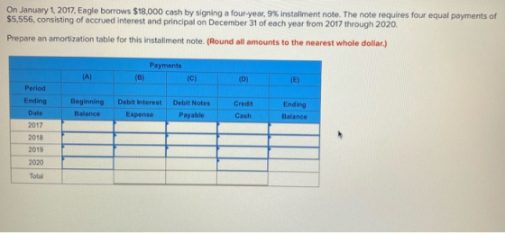 On January 1, 2017, Eagle borrows $18,000 cash by signing a four-year, 9% installment note. The note requires four equal paym