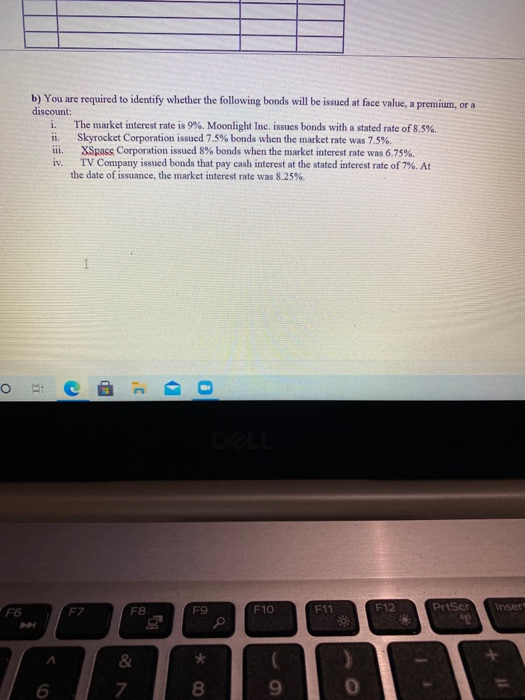 b) You are required to identify whether the following bonds will be issued at face value, a premium, or a discount: The marke