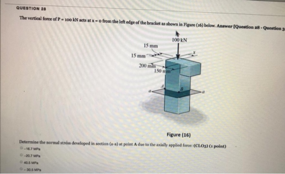 QUESTION 28 The vertical force of P 100 kN acts at x o from the left edge of the bracket as shown in Figure (16) below. Answe