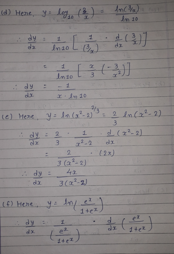 (d) Here, y = log (²) In (3) au In 10 1 dy da 3 d I enzo dx 1 Inio [%] - 1 dy dx x. ln 10 23 (e) Here, y = ln (x²-2) ..dy -