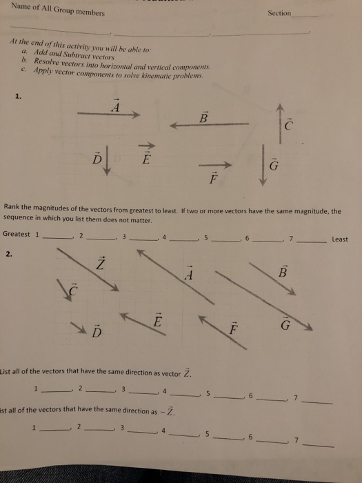 Name of All Group members Section At the end of this activity you will be able to: a. Add and Subtract vectors b. Resolve vectors into horizontal and vertical components c. Apply vector components to solve kinematic problems. Rank the magnitudes of the vectors from greatest to least. If two or more vectors have the same magnitude, the sequence in which you list them does not matter. 7Least Greatest 1 2 3 , 4 2. List all of the vectors that have the same direction as vector Z. 2. ist all of the vectors that have the same direction as