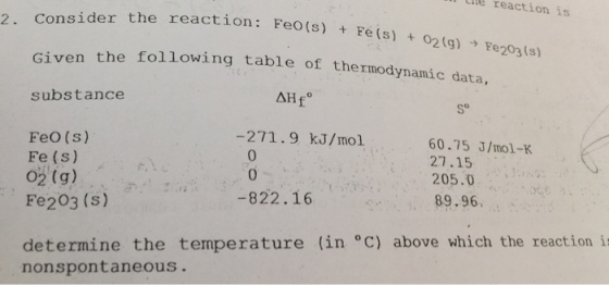 iie reaction is 2. Consider the reaction: Feo (s ) Fe (s) + + 02 (g) Fe203 (s) Given the following table of thermodynamic data substance s。 -271.9 kJ/mol Feo (s) Fe (s) 02 (g) Fe203 (s) 60.75 J/mol-K 27.15 205.0 产、 -822.16 89.96 determine the temperature (in °C) above which the reaction i nonspontaneous
