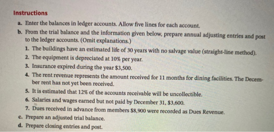 Instructions a. Enter the balances in ledger accounts. Allow five lines for each account. b. From the trial balance and the i