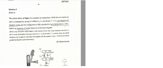 (EPT415 Question 3 ĮSoolan 31 Figure 2 is a quarter car suspensions, which has two masses m The system shown and damper C. It