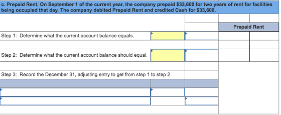 c. Prepaid Rent. On September 1 of the current year, the company prepaid $33,600 for two years of rent for facilities being o