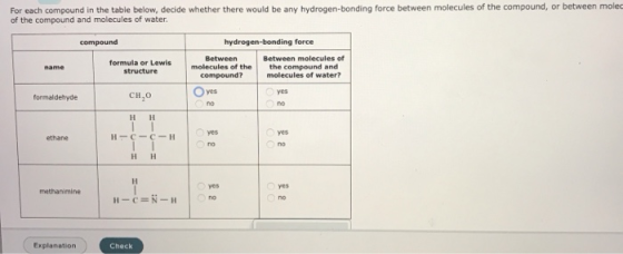 For each compound in the table below, decide whether there would be any hydrogen-bonding force between molecules of the compo