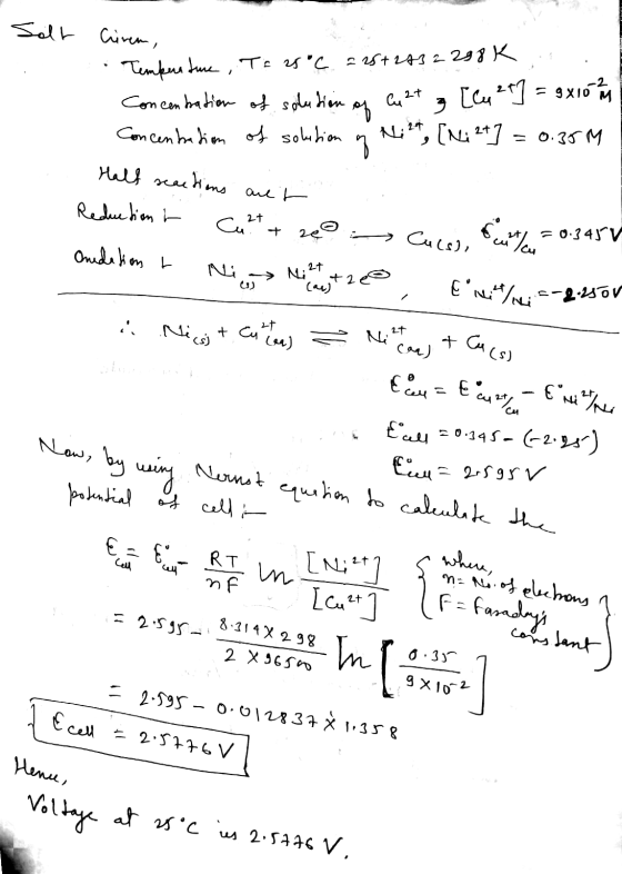 Solt Cirem, Temperature , TE 25°C 225+2432 298 K . Concentration of solution of Cu 2+ [lu 2+] = 9x10th Concentration of solut