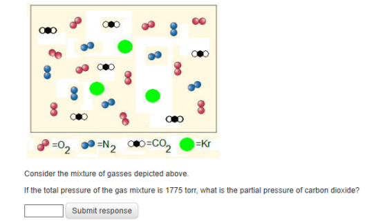=0, 0 =N, O=CO2 =Kr Consider the mixture of gasses depicted above. If the total pressure of the gas mixture is 1775 torr, wha