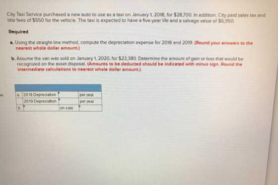 City Taxi Service purchased a new auto to use as a taxi on January 1, 2018, for $28,700. In addition, City paid sales tax and