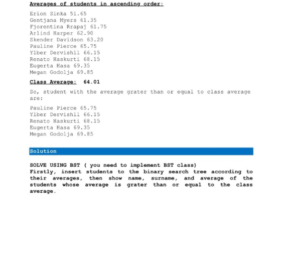 Averages of students in ascending order: Erion Sinka 51.65 Gentjana Myers 61.35 Fjorentina Rrapaj 61.75 Arlind Harper 62.90 S