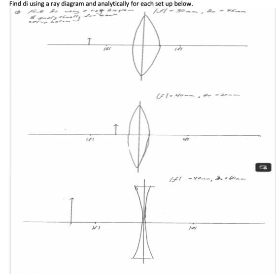 Find di using a ray diagram and analytically for each set up below. (A- Sanalytier وسه T Il-von-, 141 -40m, ,-60 1 امها