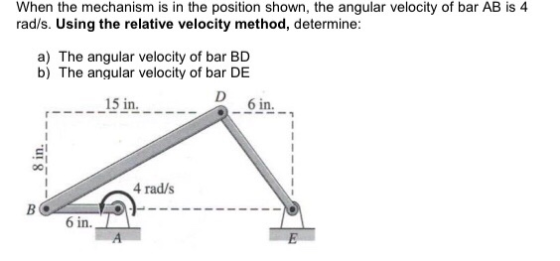 When the mechanism is in the position shown, the angular velocity of bar AB is 4 rad/s. Using the relative velocity method, d