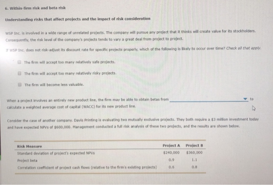 6. Within-firm risk and beta risk Understanding risks that affect projects and the impact of risk consideration WSP Inc. is i