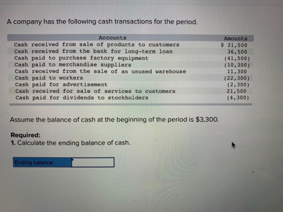 A company has the following cash transactions for the period. Accounts Amounts Cash received from sale of products to custome