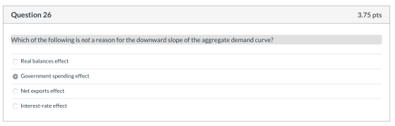 Question 26 3.75 pts Which of the following is not a reason for the downward slope of the aggregate demand curve? Real balanc