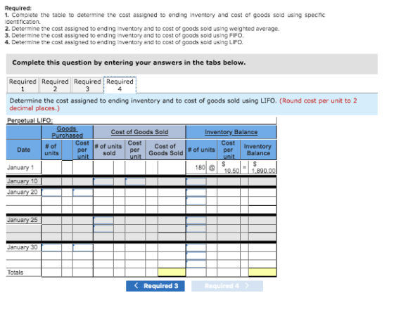 Required: 1. Complete the table to determine the cost assigned to ending Inventory and cost of goods sold using specific Iden