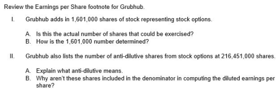 Review the Earnings per Share footnote for Grubhub. Grubhub adds in 1,601,000 shares of stock representing stock options. A.