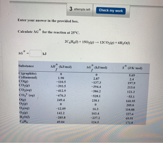 3 attempts left Check my work Enter your answer in the provided box. Calculate AG for the reaction at 25°C. 2C6H61) + 1502(8)