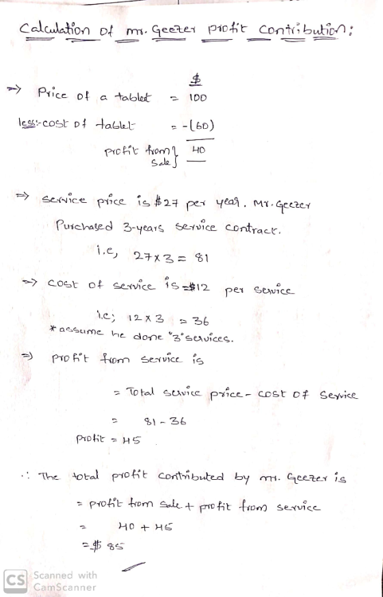 Calculation of mo. Geezer profit contribution: w Price of a tablect = 100 less cost of tablet :-(60) profit - from 2 Sale 40