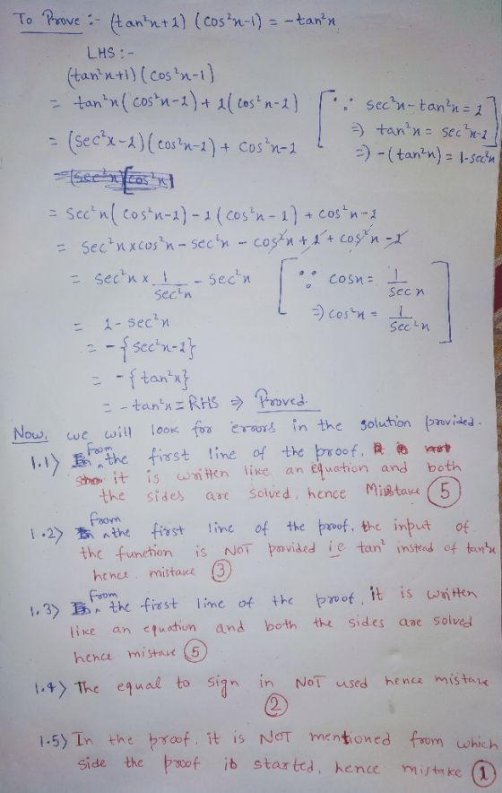 To Prove :- tantnt1) (cosn-i) = -tann LHS :- (tann ti) (cos n-i} = tann( cosn-2)+ 1( cos n-2) : secn-tann= 1 ) tann