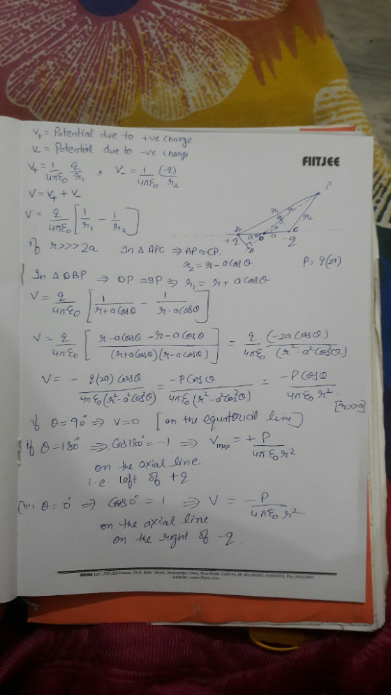 v- Pstential due to tve chorge -Potertial due to ve chag FIITJEE umto unfo 912. 9% 2 Po>의 e et t2