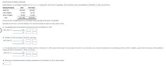 Journal entries for trading investments Gruden Bancorp Inc. purchased a portfolio of trading securities during 2013, its firs