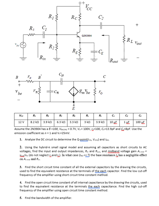 Voc Ri Rc C2 + RS G Q2N3904 RL Vout 2 R2 RE CE Rin Rout Cu B 1x B C o + V be : Cr 8mbe E VCC R R2 Rc RE RS RL С. Cz CE 12 V