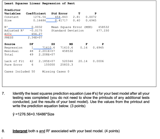 Least Squares Linear Regression of Rent Predictor Variables Constant Size Coefficient 1276.56 0.16486 Std Error 454.843 0.417