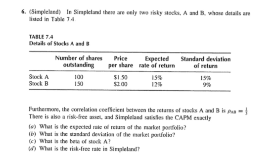 6. (Simpleland) In Simpleland there are only two risky stocks, A and B, whose details are listed in Table 7.4 TABLE 7.4 Detai