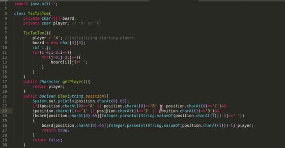 import java.util.*; 2 class TicTacToe{ private char[] [] board; private char player; //X or 0 3 4 5 6 TiсTaсTоe(){ player