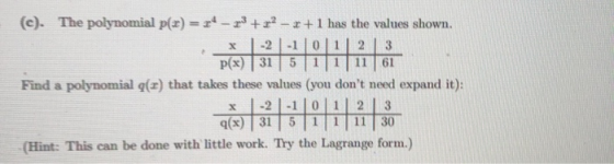 X 1 1 11 (C). The polynomial p() = 4 - 2 + 2? - +1 has the values shown. -2-1 01 | 2 3 p(x) 31 5 61 Find a polynomial (2) tha