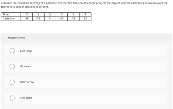 Compute the Pl statistic for Project X and note whether the firm should accept or reject the project with the cash flows show