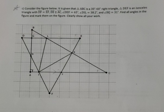 c) Consider the figure below. It is given that A ABC is a 30-60° right triangle, A DEF is an isosceles triangle with DF = EF,
