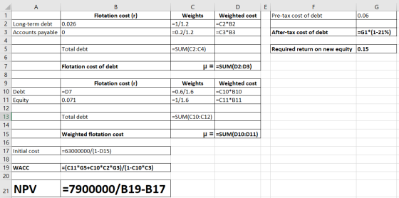 A Flotation cost (r) Pre-tax cost of debt 0.06 2 Long-term debt 0.026 3 Accounts payable o Weights =1/1.2 1=0.2/1.2 Weighted