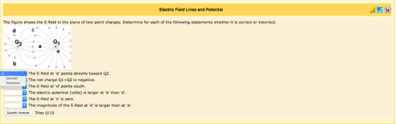 Electric Field Lines and Potential The figure shows the E-field in the plane of two point charges. Determine for each of the following statements whether it is correct or incorrect. 2 <a The E-field at a points directly toward Q2. rect The net charge Q1+Q2 is negative The E-field at d points south. The electric potential (volts) is larger at e than d. The E-field at c is zero. The magnitude of the E-field at e is larger than at a Submit Answer Tries 0/10