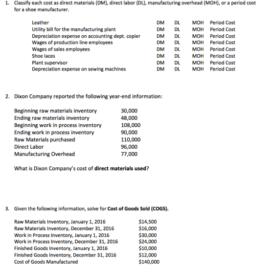 1. Classify each cost as direct materials (DM), direct labor (DL), manufacturing overhead (MOH), or a period cost for a shoe